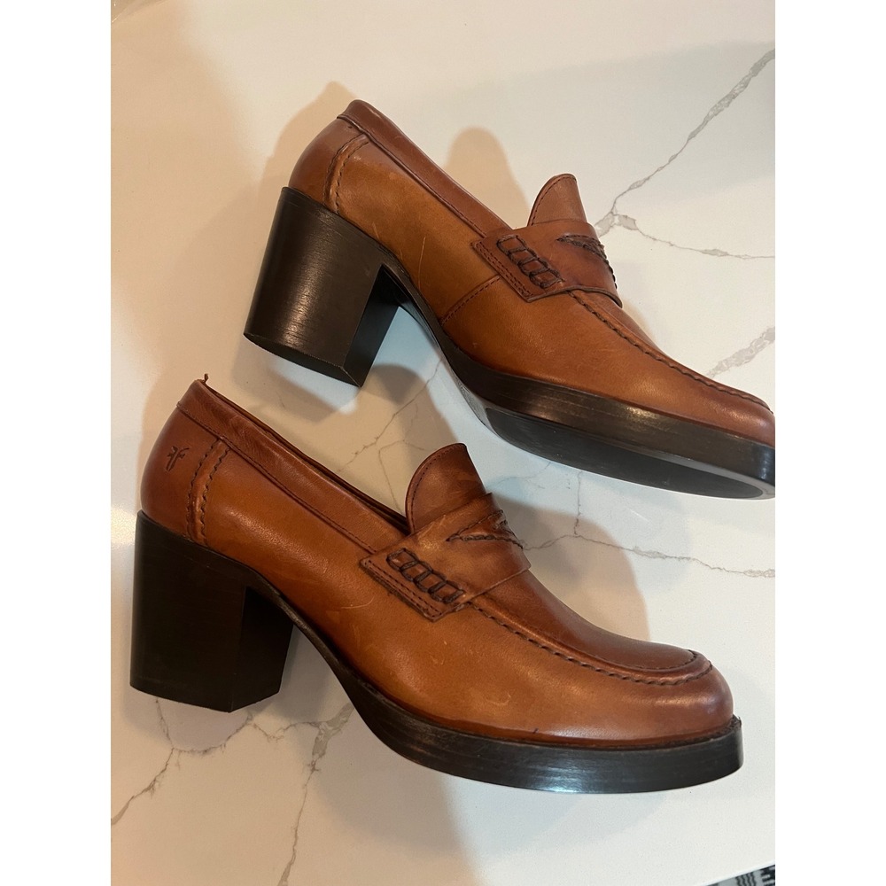 Frye Cara Penny Loafer Cognac Leather Block Heel Pumps Womens 8.5B - Picture 2 of 9